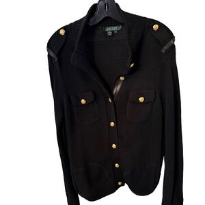 Lauren Ralph Lauren Cardigan VTG Sweater Military Style Black Gold Buttons Sz XL
